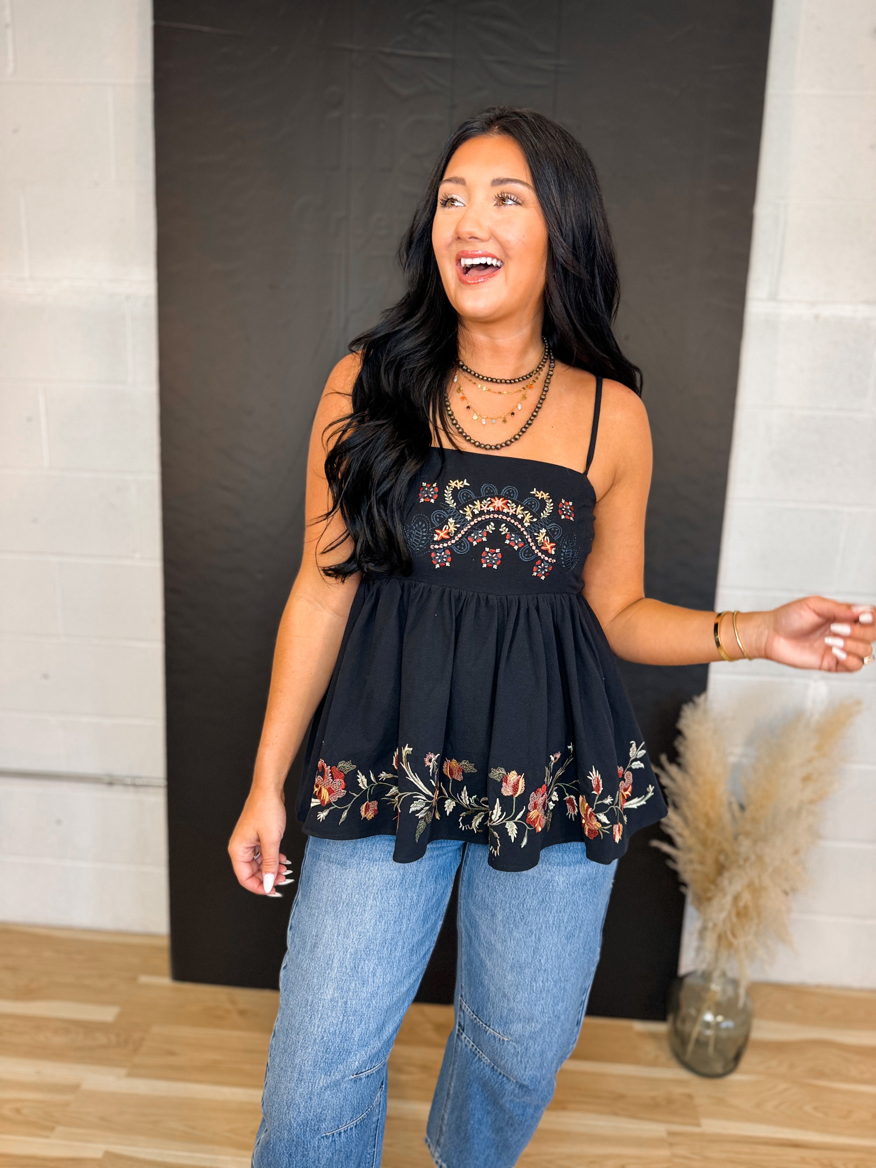 Floral Embroidered Peplum Tank Top - Black - Lace and Grace Boutique