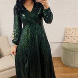 Sequin V-Neck Long Sleeve Maxi Dress - Pine