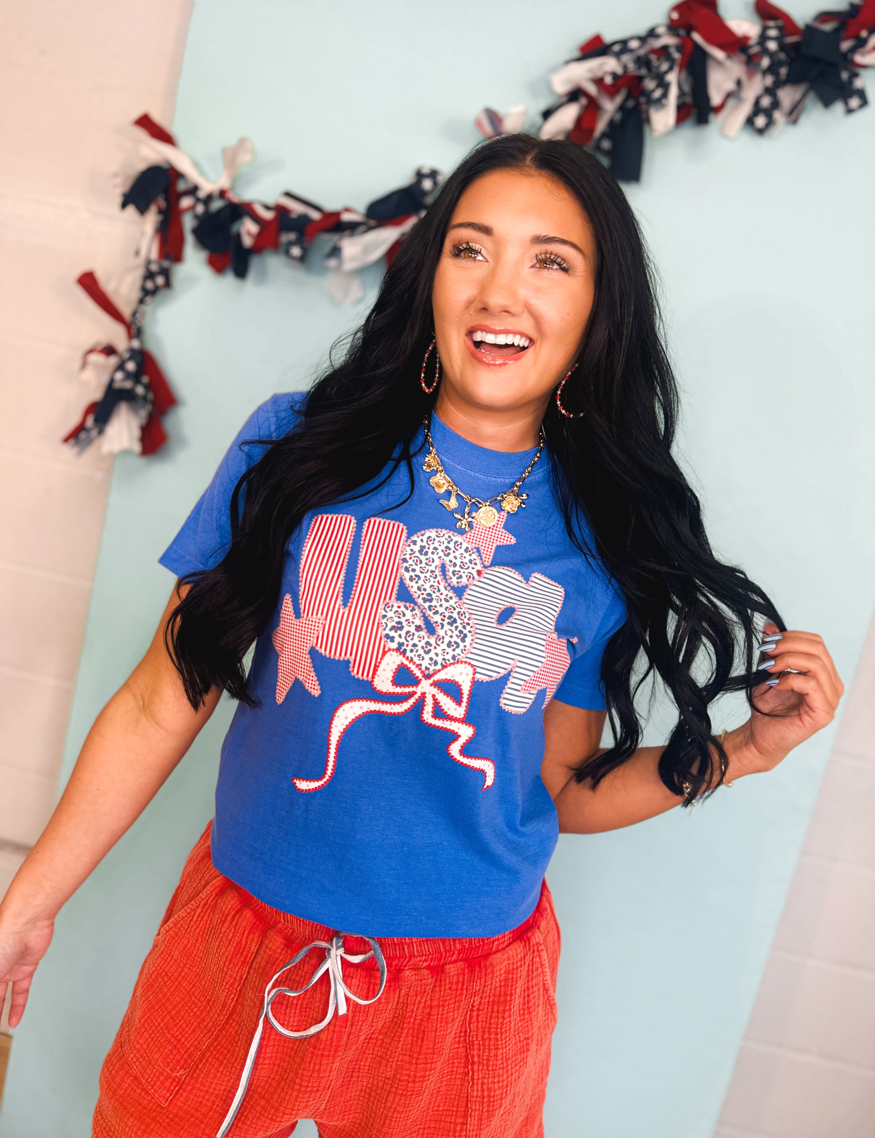 Americana USA Patchwork Graphic Tee - Flo Blue - Lace and Grace Boutique