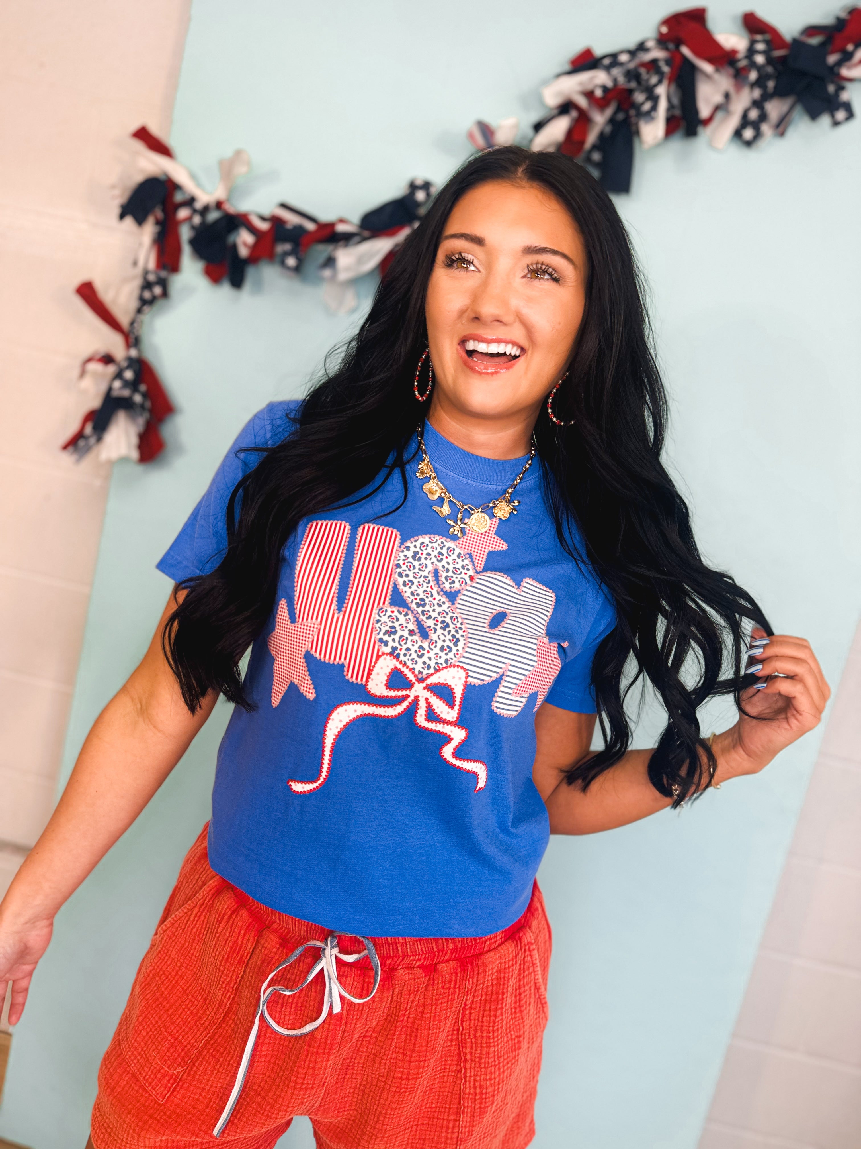 Americana USA Patchwork Graphic Tee - Flo Blue - Lace and Grace Boutique