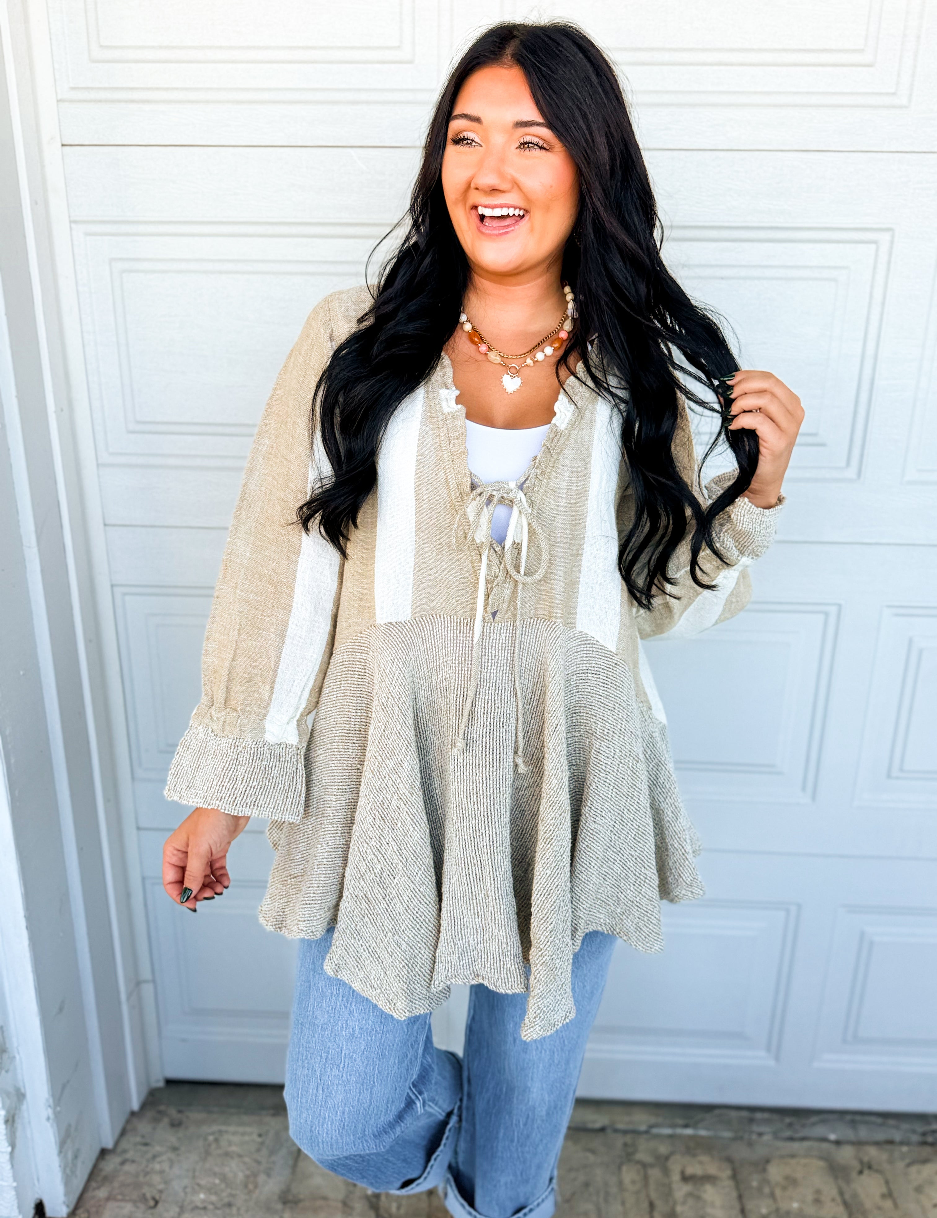 POL Ruffle Detail Mixed Stripe Linen Blouse - Mocha Multi - Lace and Grace Boutique
