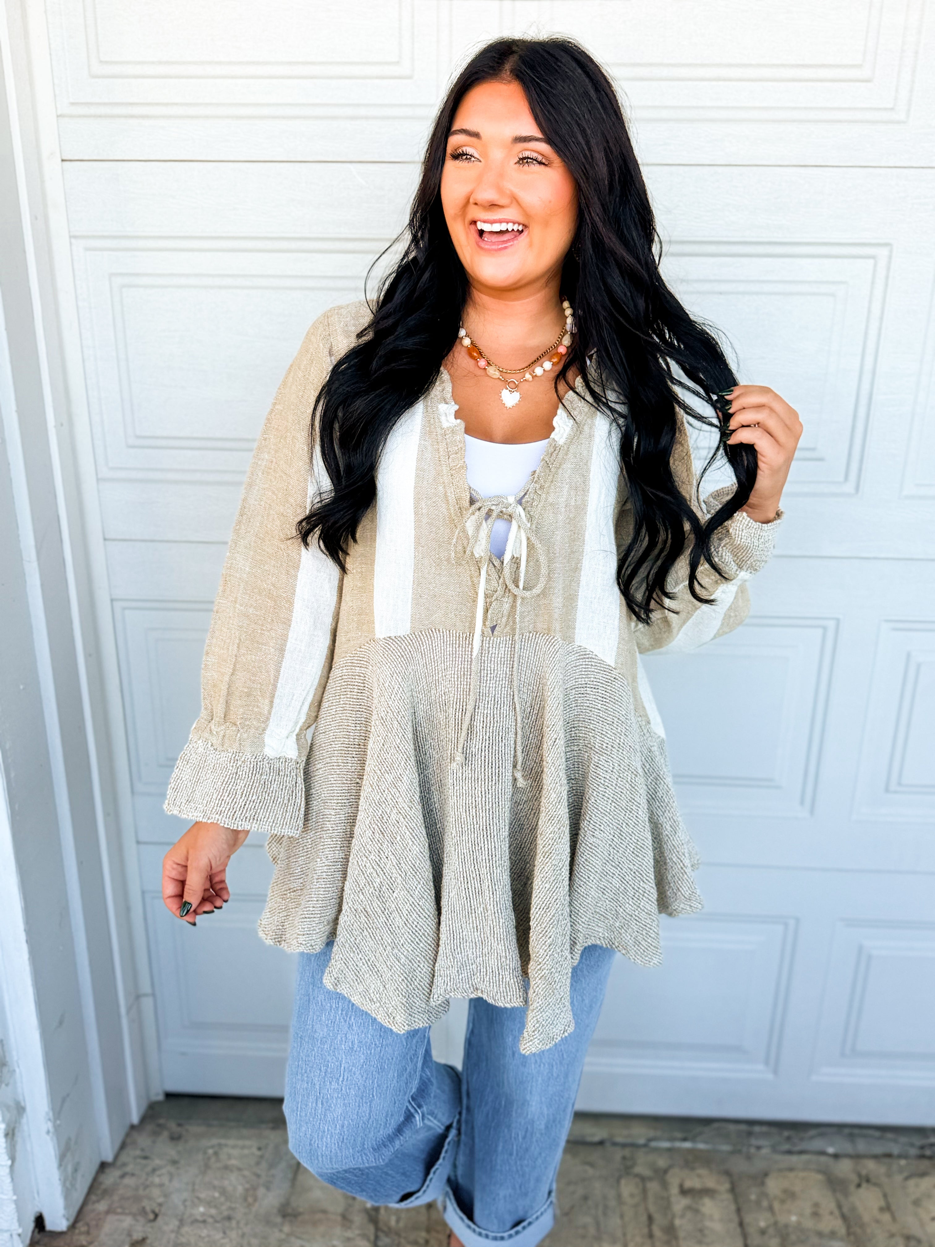POL Ruffle Detail Mixed Stripe Linen Blouse - Mocha Multi - Lace and Grace Boutique
