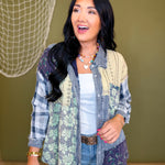 Oli & Hali Washed Patchwork Button Up Top - Navy - Lace and Grace Boutique