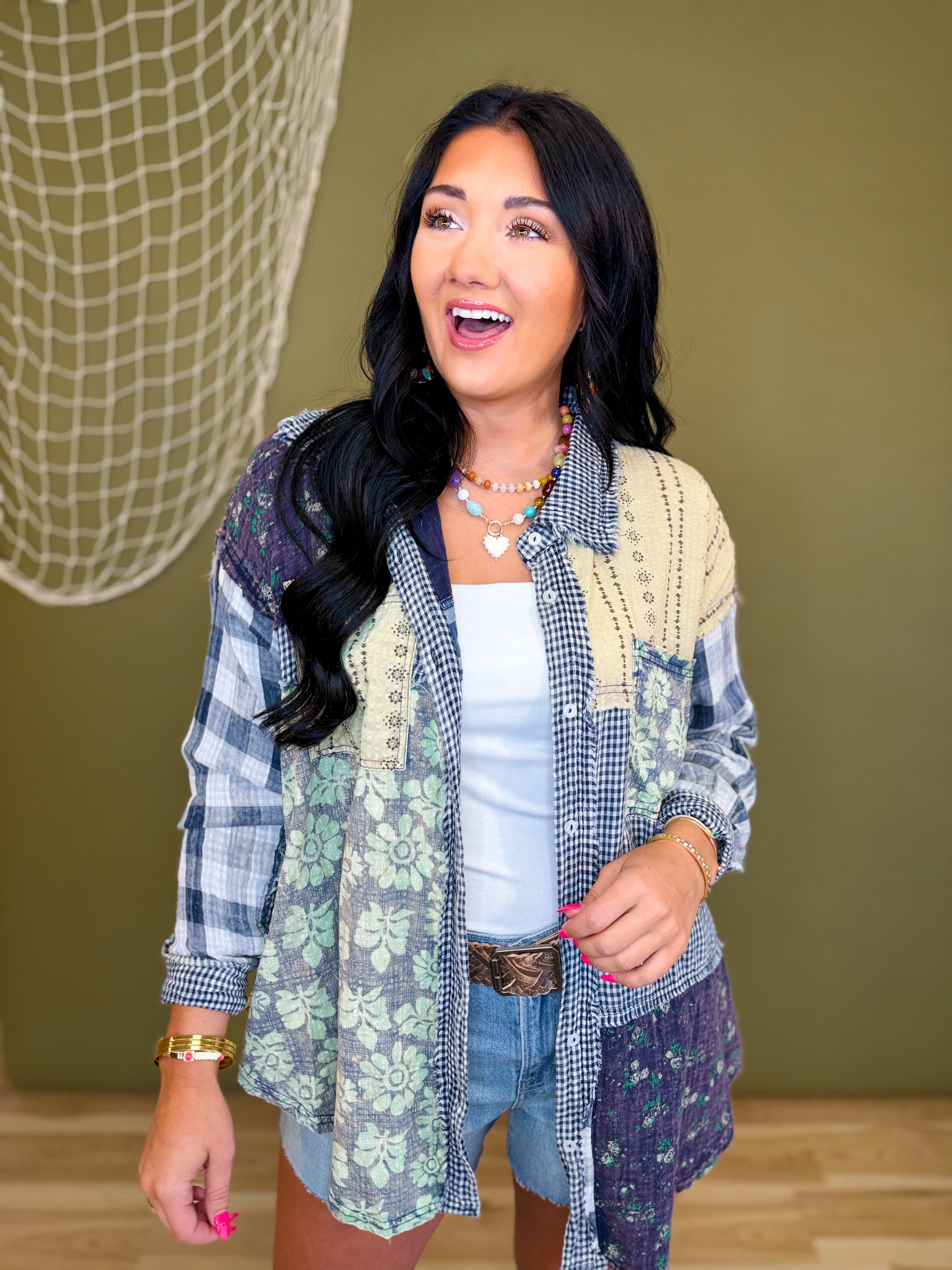 Oli & Hali Washed Patchwork Button Up Top - Navy - Lace and Grace Boutique