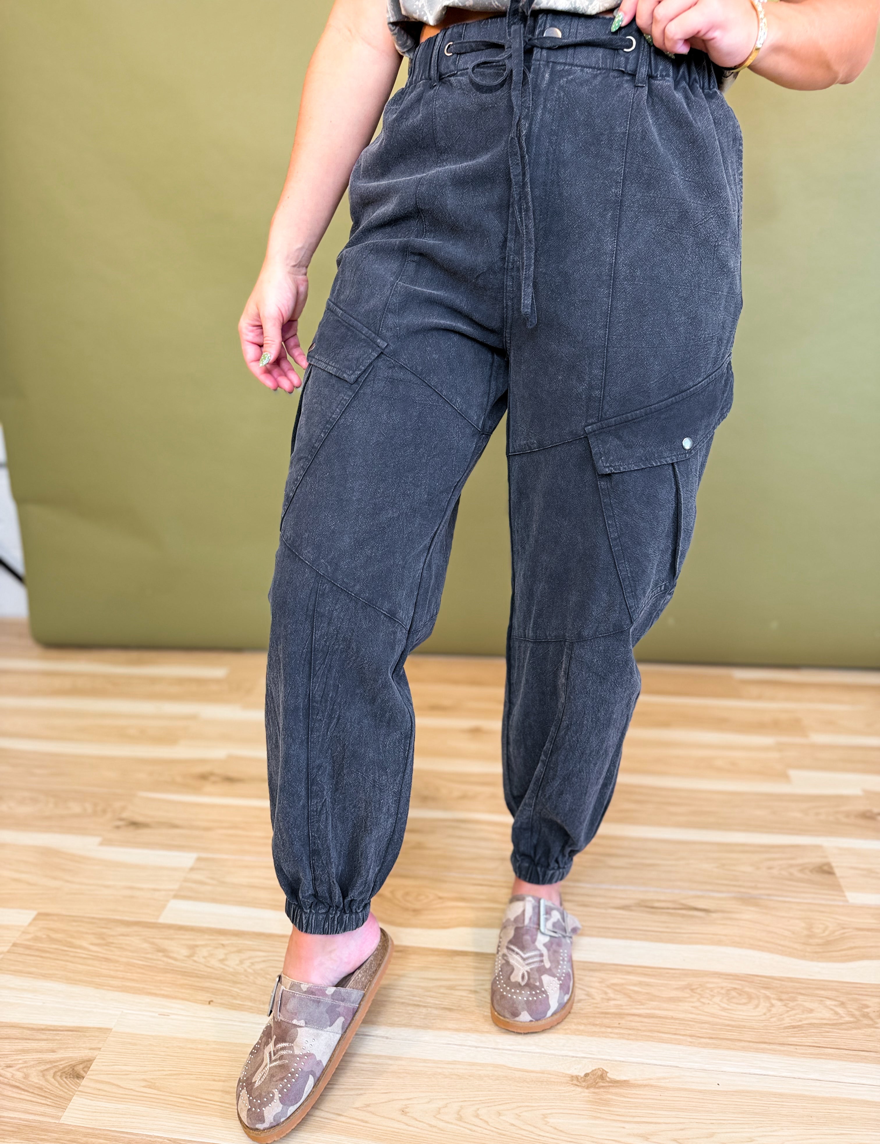 Mineral Washed Cargo Jogger Pants - Vintage Black - Lace and Grace Boutique