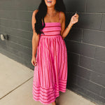 Striped Woven Cotton Flare Midi Dress - Pink Multi - Lace and Grace Boutique