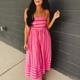 Striped Woven Cotton Flare Midi Dress - Pink Multi - Lace and Grace Boutique