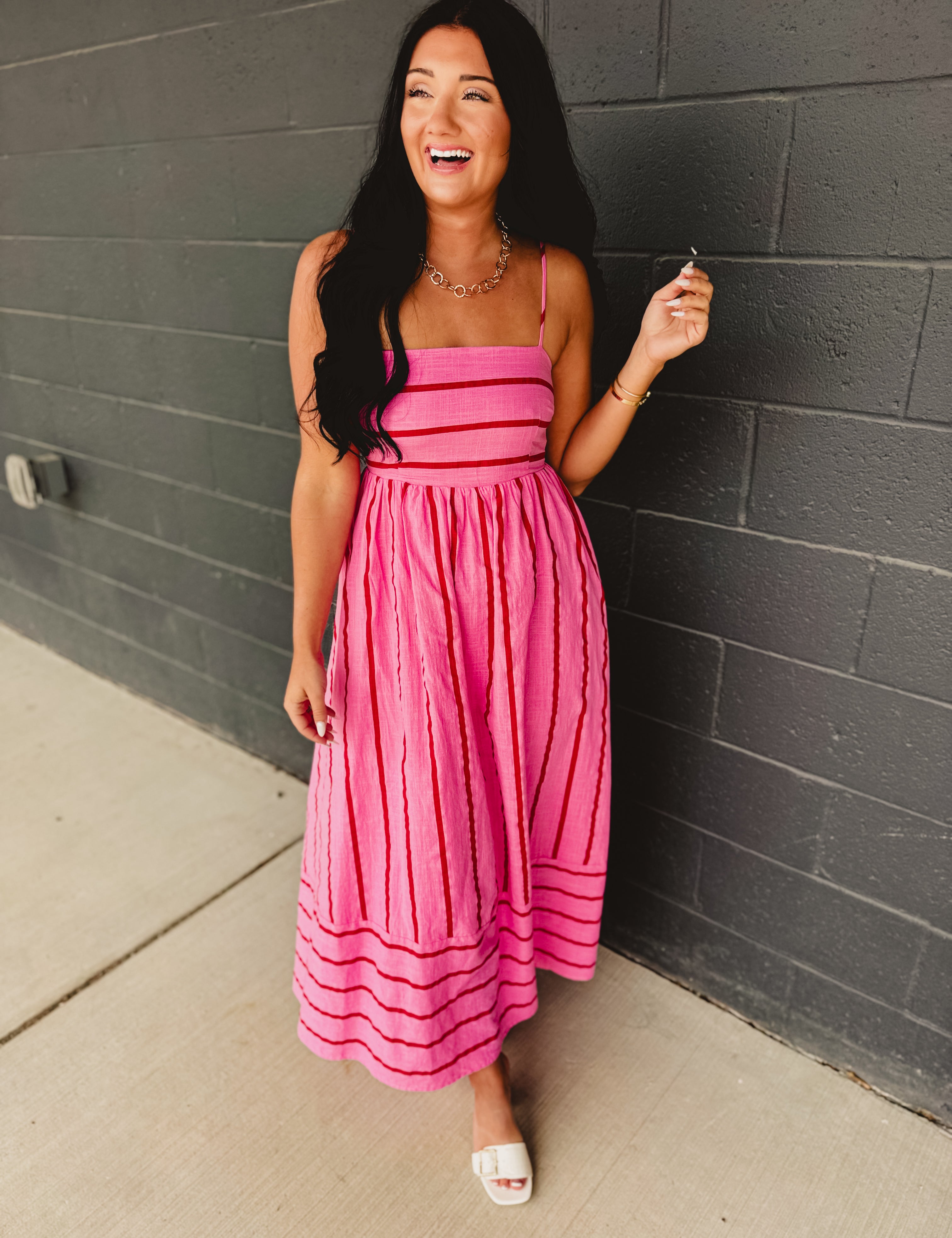 Striped Woven Cotton Flare Midi Dress - Pink Multi - Lace and Grace Boutique
