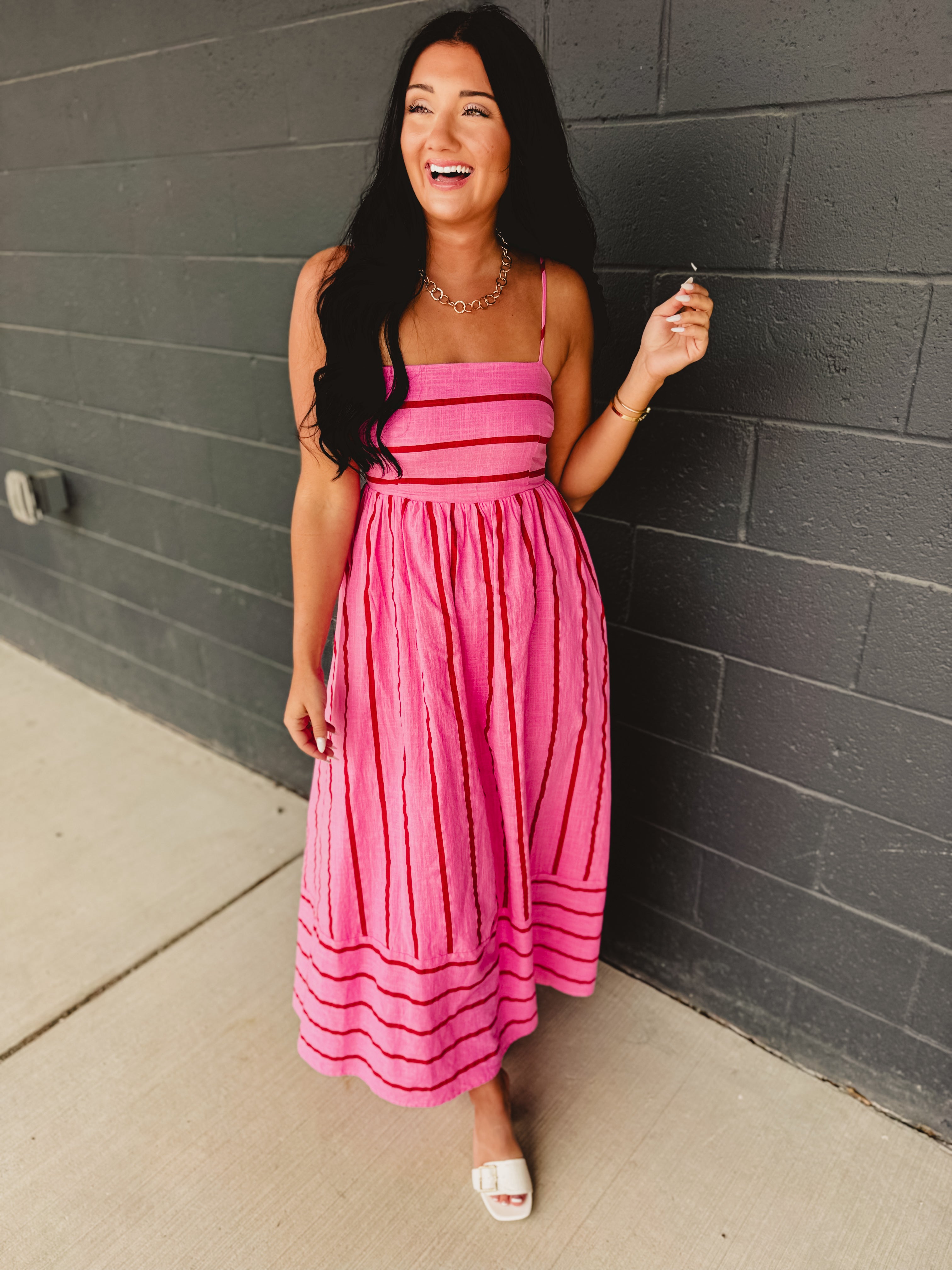Striped Woven Cotton Flare Midi Dress - Pink Multi - Lace and Grace Boutique