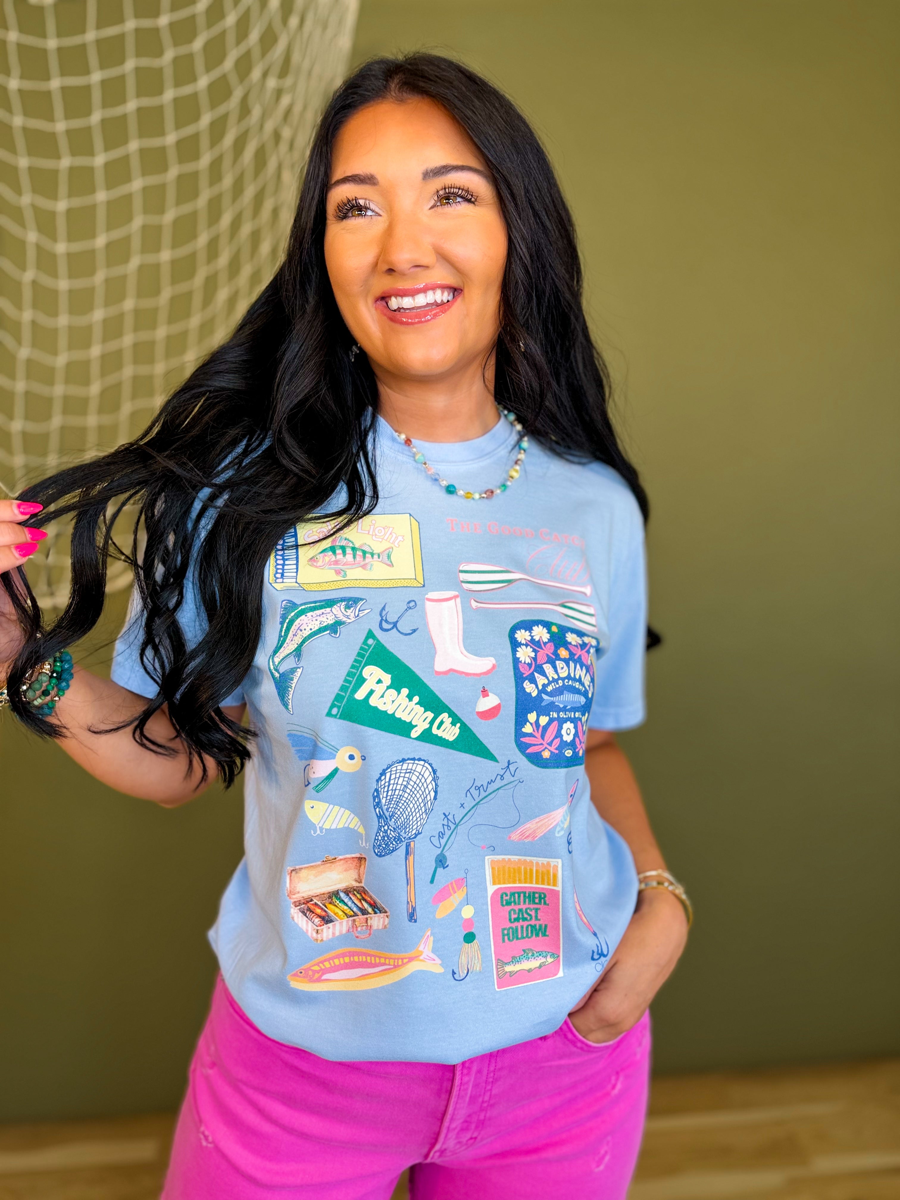 Fishing Club Match Box Graphic Tee - Hydrangea - Lace and Grace Boutique