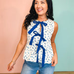 Floral Print Front Bow Balloon Hem Blouse - Ivory/Blue - Lace and Grace Boutique