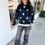 Polka Dot Print Eyelet Lace Trim Knit Sweater - Navy