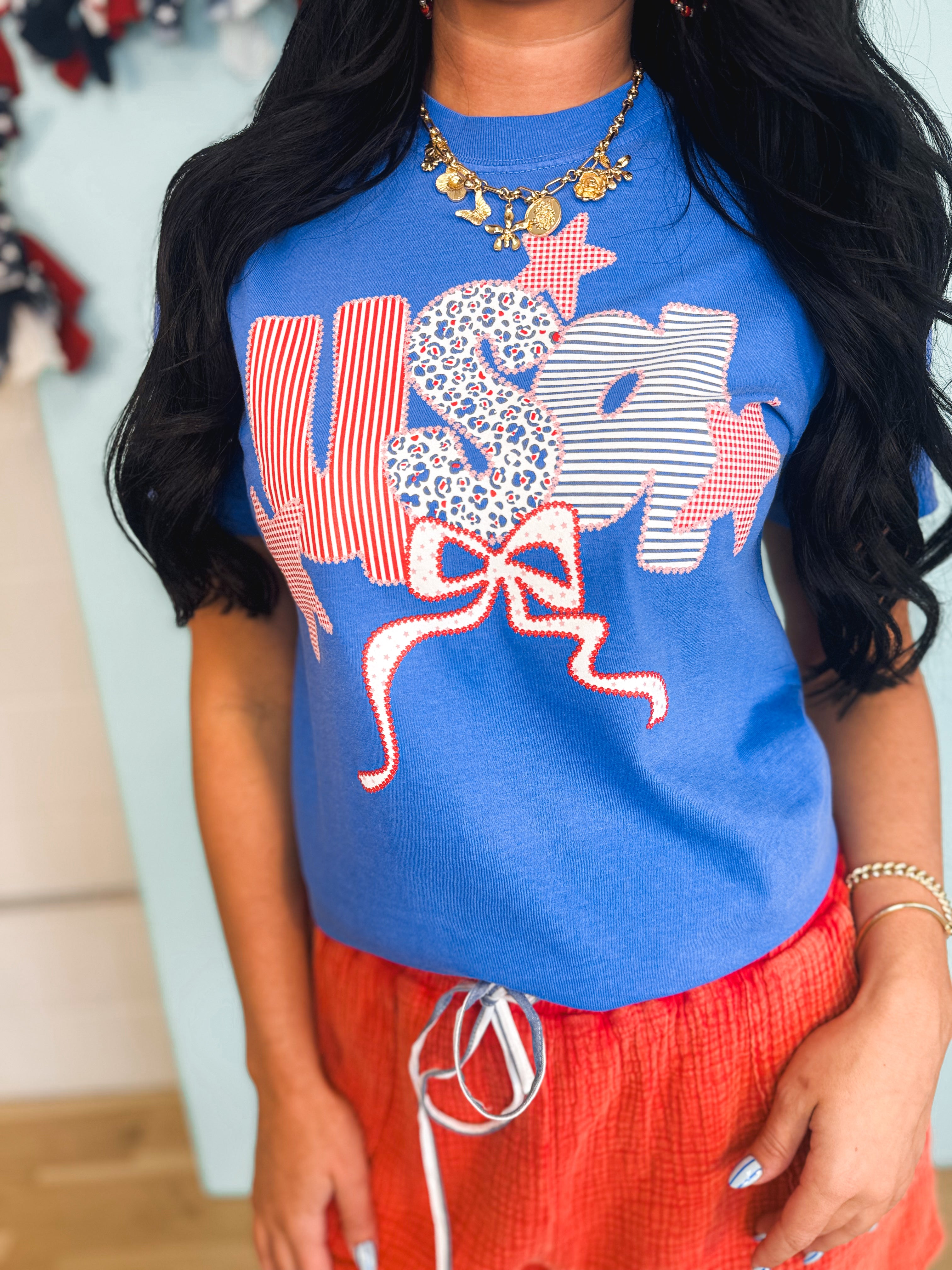Americana USA Patchwork Graphic Tee - Flo Blue - Lace and Grace Boutique