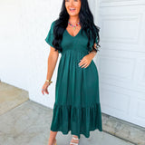 Smocked Washed Satin Tiered Maxi Dress - Emerald