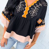 Embroidered Color Block Oversized Blouse - Black Combo