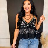 POL Floral Embroidered Flared Tank Top - Black - Lace and Grace Boutique