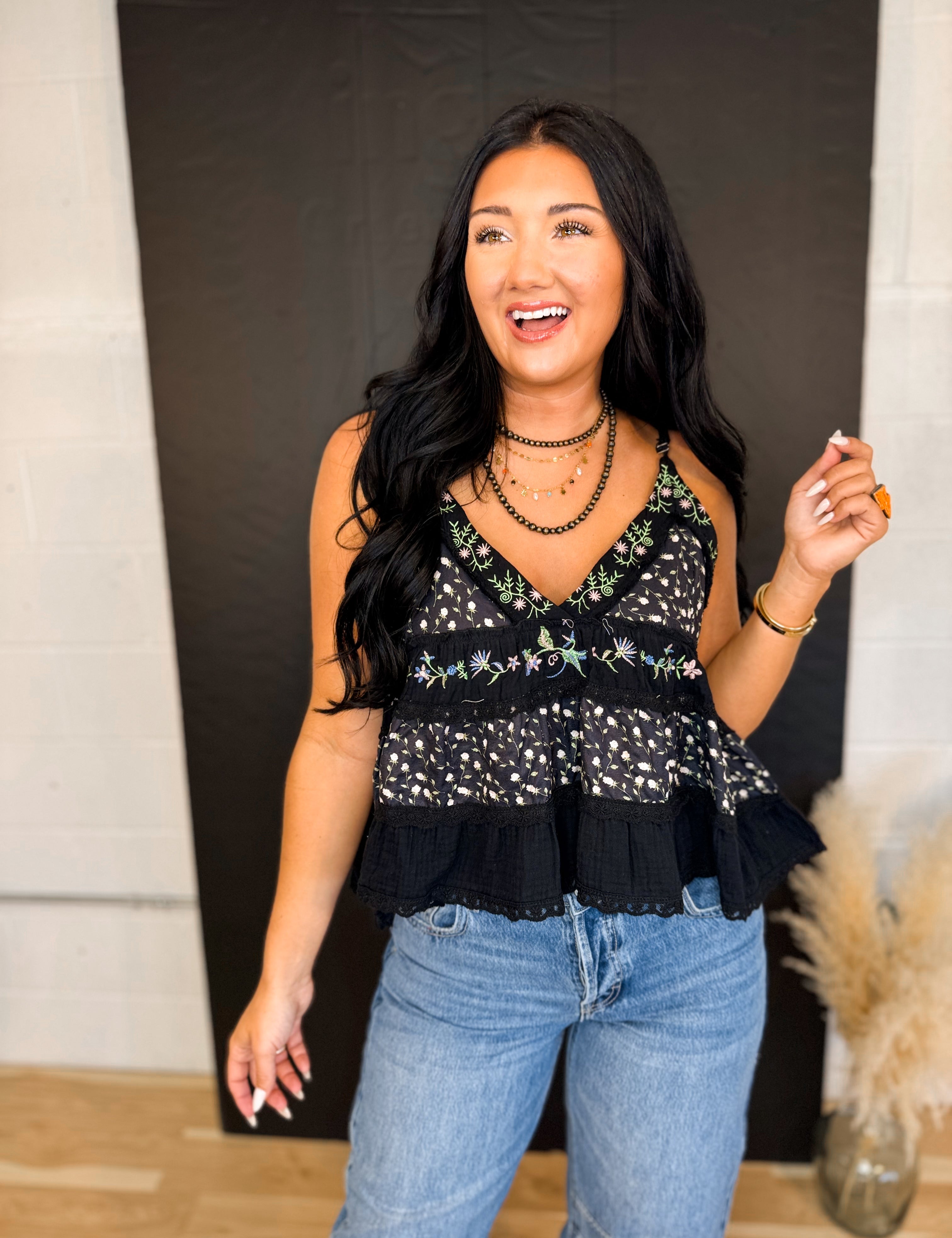 POL Floral Embroidered Flared Tank Top - Black - Lace and Grace Boutique