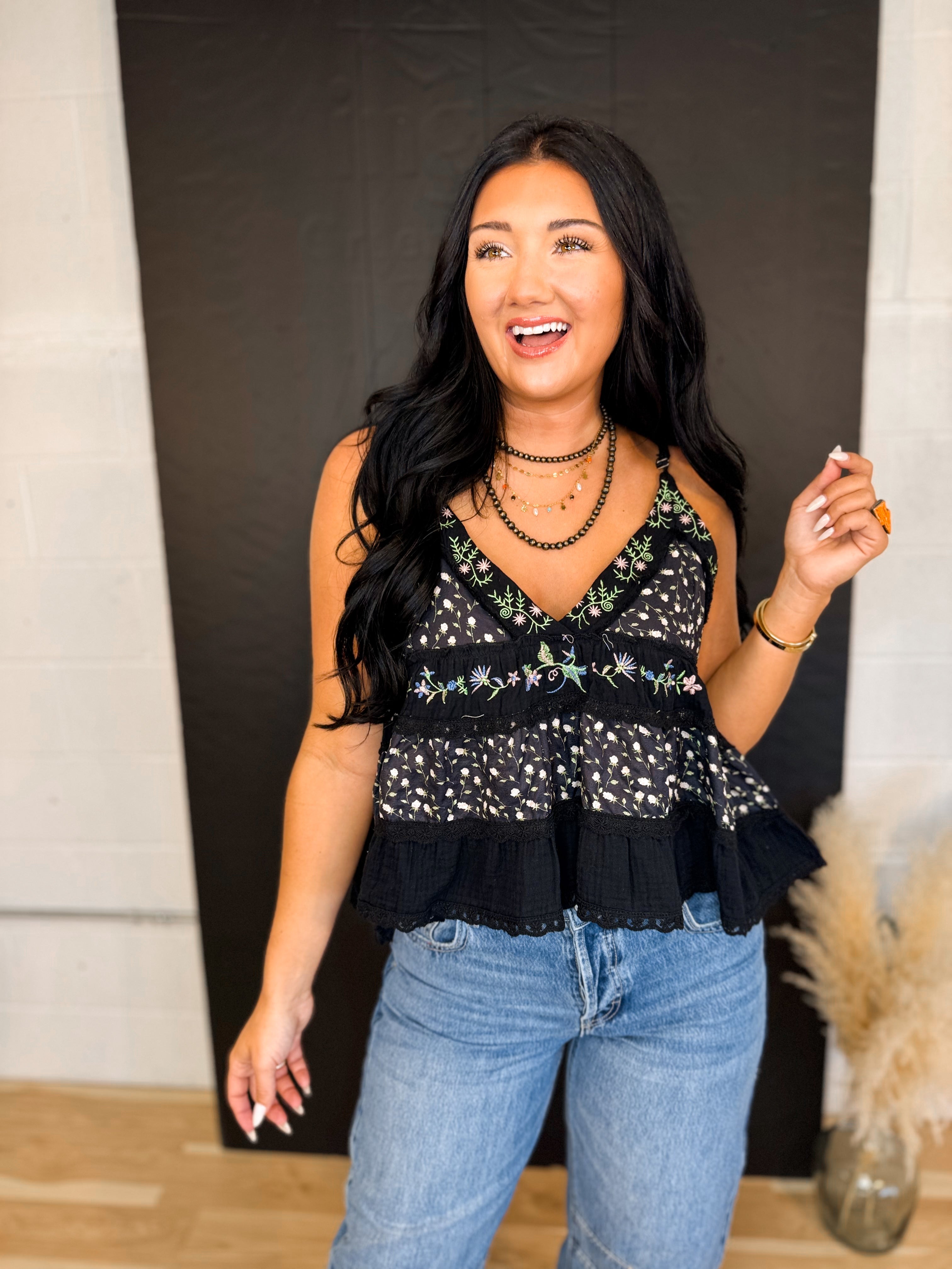 POL Floral Embroidered Flared Tank Top - Black - Lace and Grace Boutique