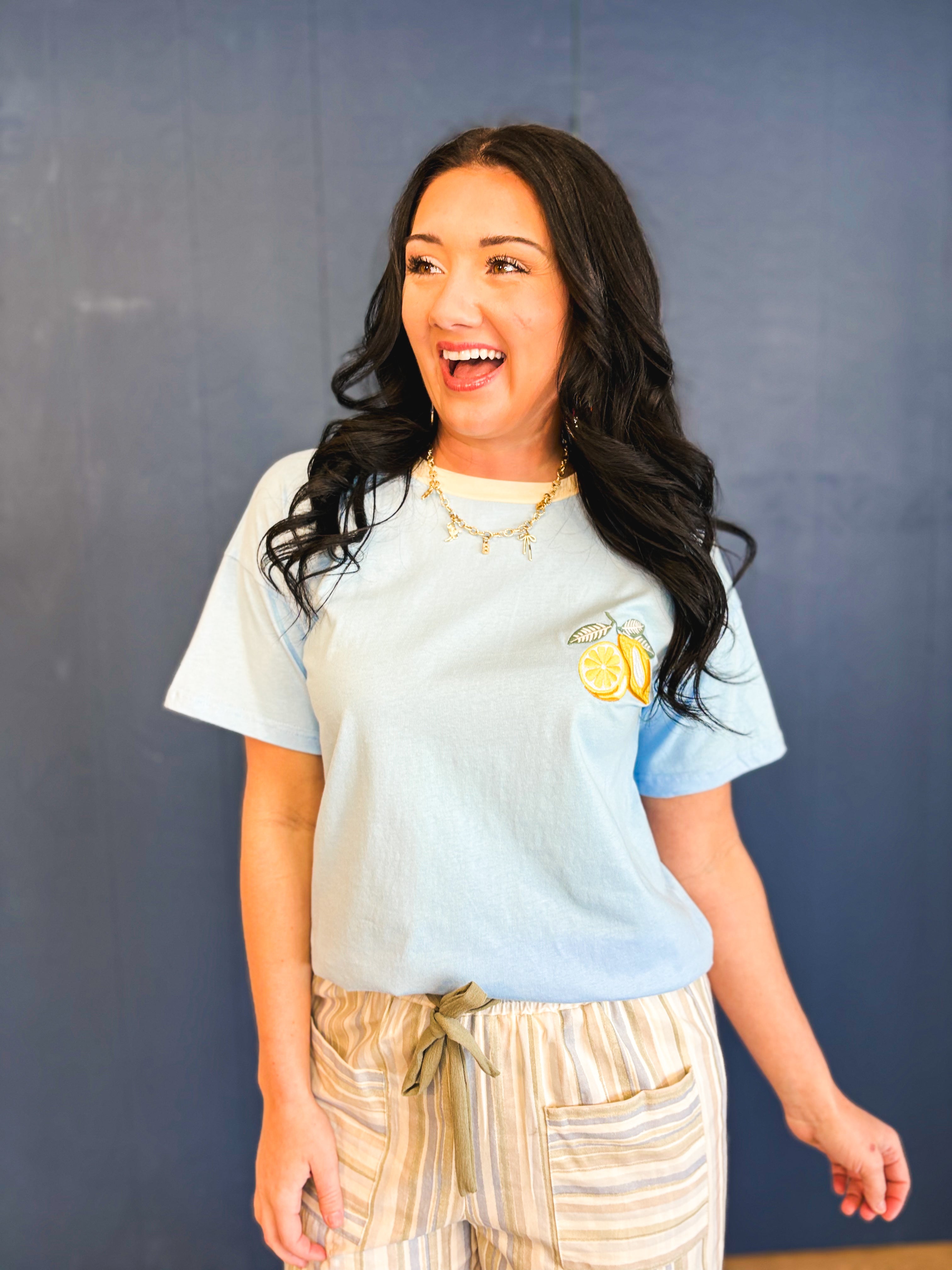 Lemon Embroidery Contrast Neck Tee - Sky - Lace and Grace Boutique