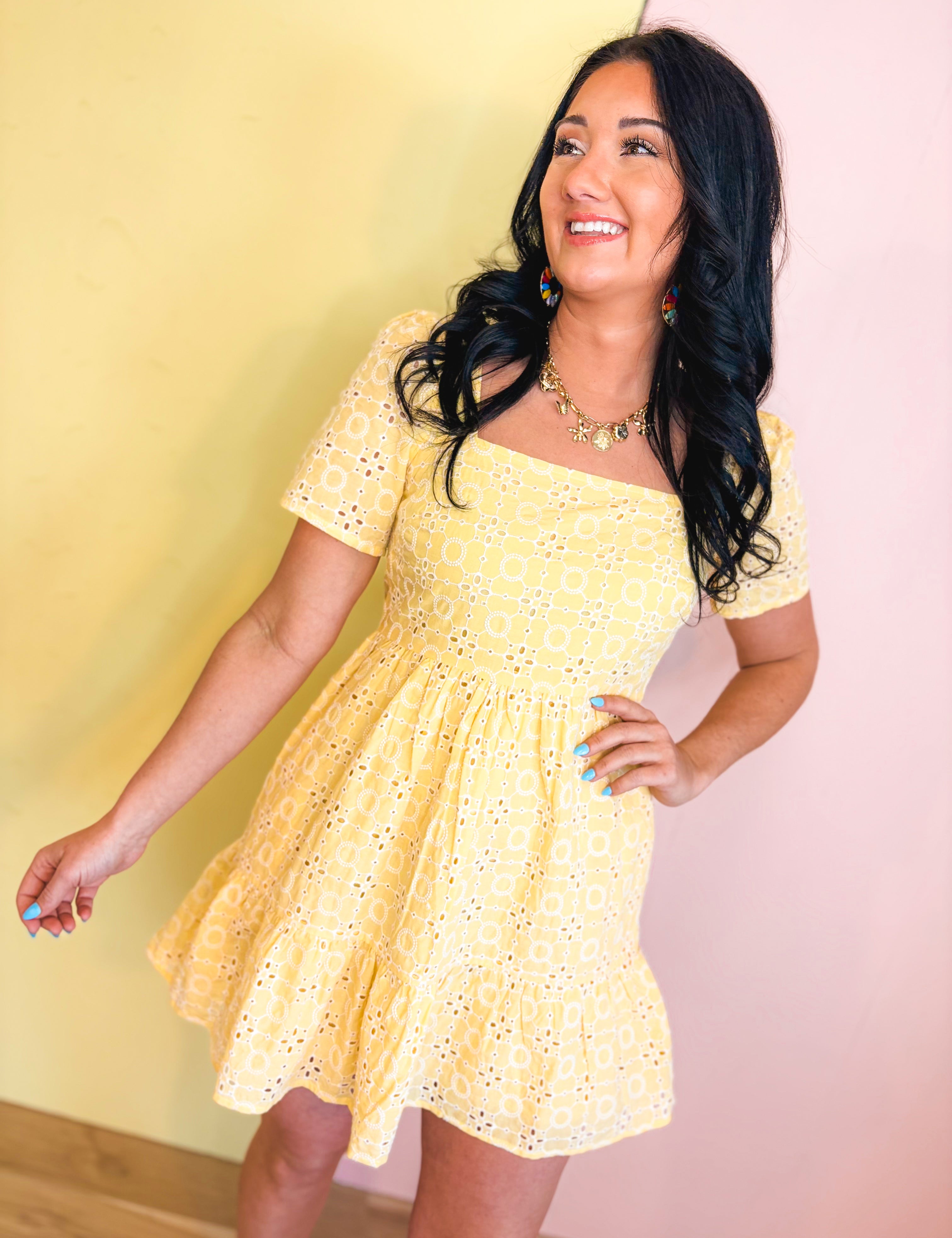 Eyelet Embroidered Shift Mini Dress - Sunwashed Lemon - Lace and Grace Boutique