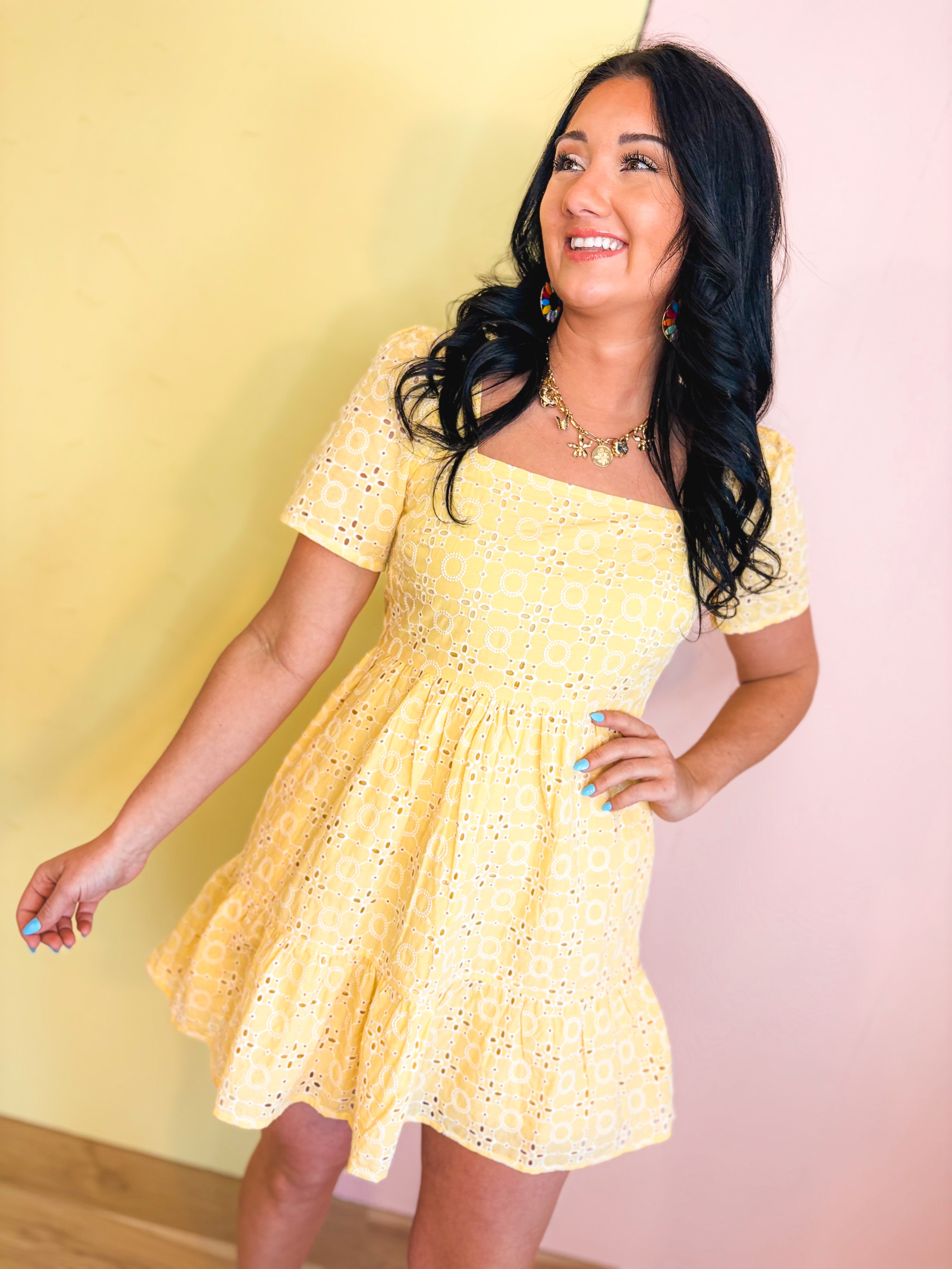 Eyelet Embroidered Shift Mini Dress - Sunwashed Lemon - Lace and Grace Boutique