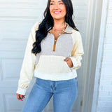 POL Vintage Wash Contrast Knit Quarter Zip Pullover - Cream - Lace and Grace Boutique