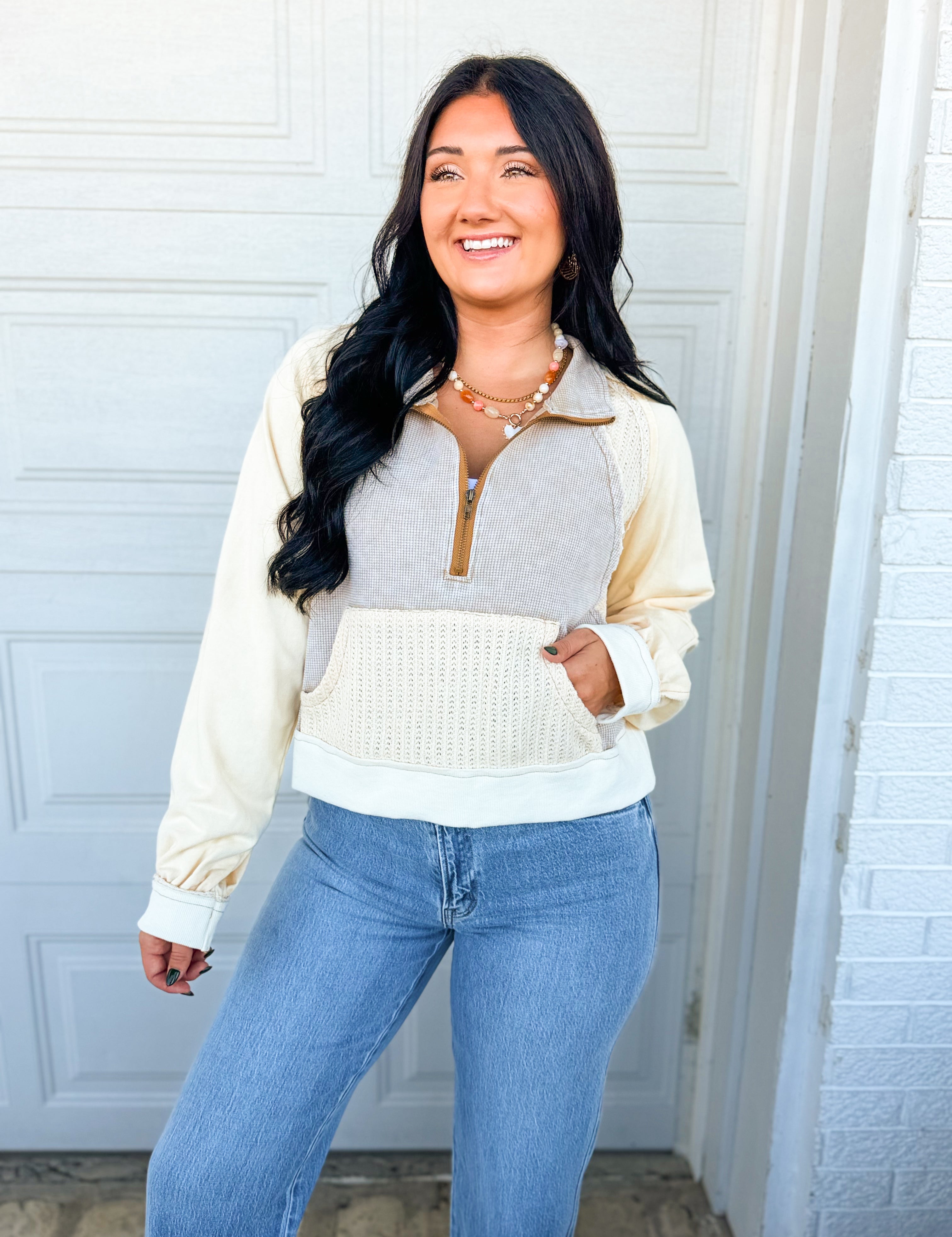 POL Vintage Wash Contrast Knit Quarter Zip Pullover - Cream - Lace and Grace Boutique