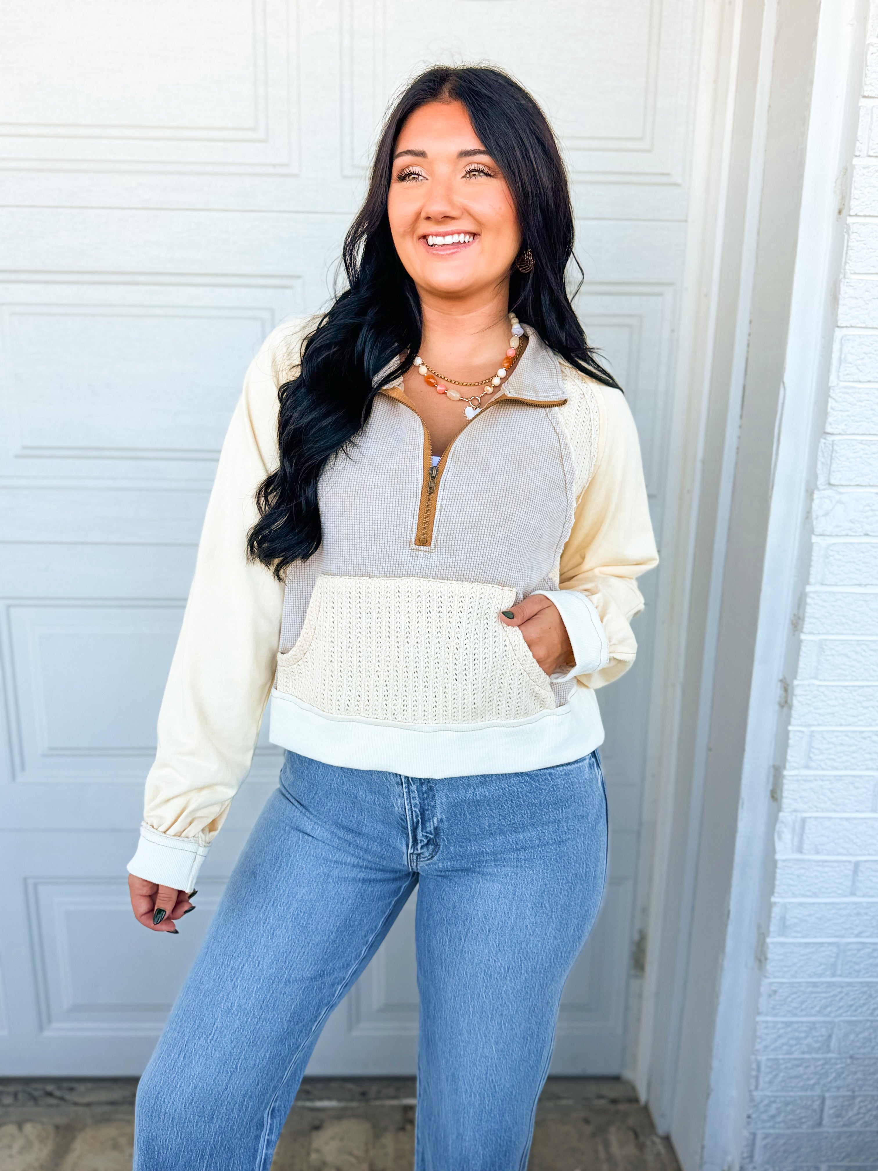 POL Vintage Wash Contrast Knit Quarter Zip Pullover - Cream - Lace and Grace Boutique
