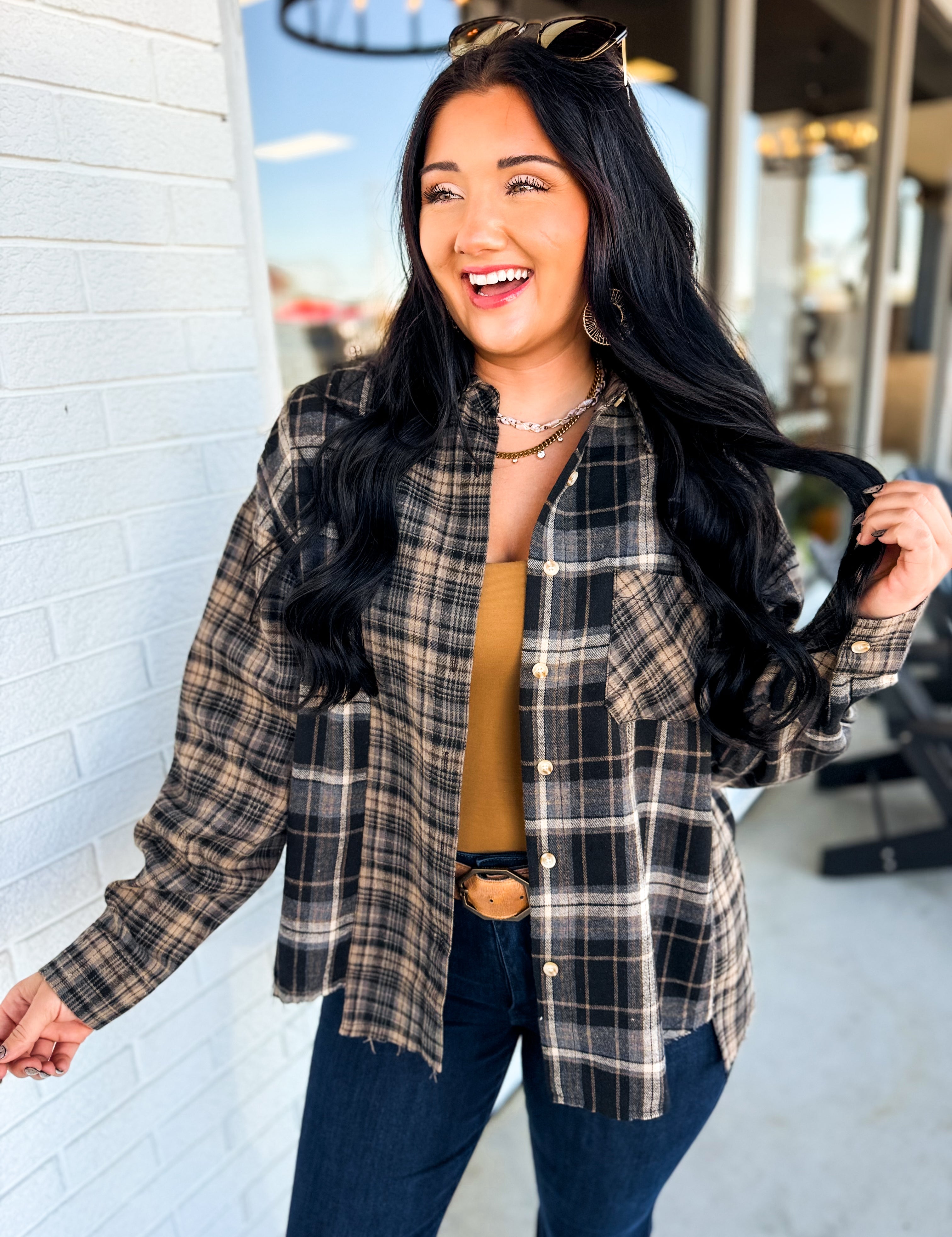 Plaid Patchwork Button Up Flannel Top - Gray - Lace and Grace Boutique