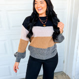 Color Block Knit Pullover Sweater - Black Combo