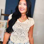 Cotton Crochet V-Neck Knit Sweater Top - Natural - Lace and Grace Boutique