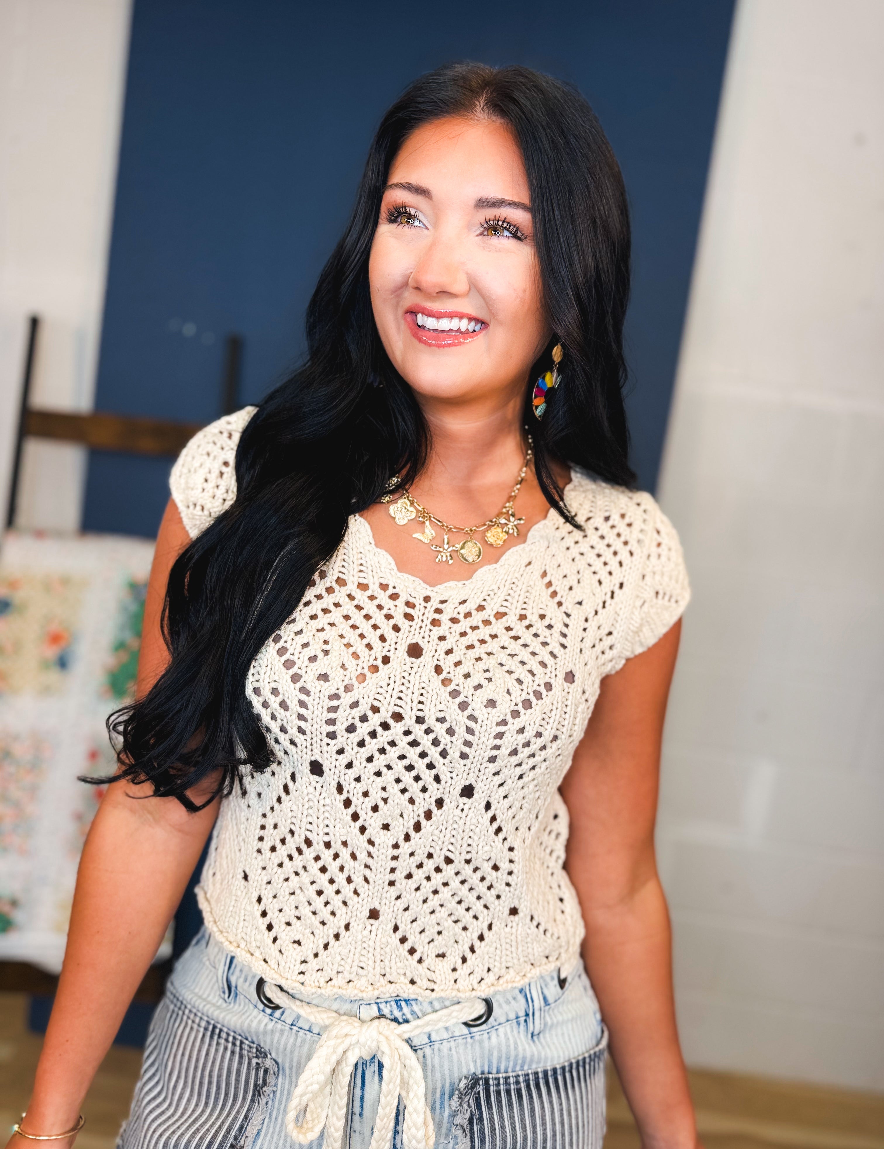 Cotton Crochet V-Neck Knit Sweater Top - Natural - Lace and Grace Boutique