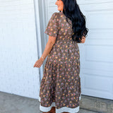 Floral Print & Contrast Border Tiered Maxi Dress - Cedarwood - Lace and Grace Boutique