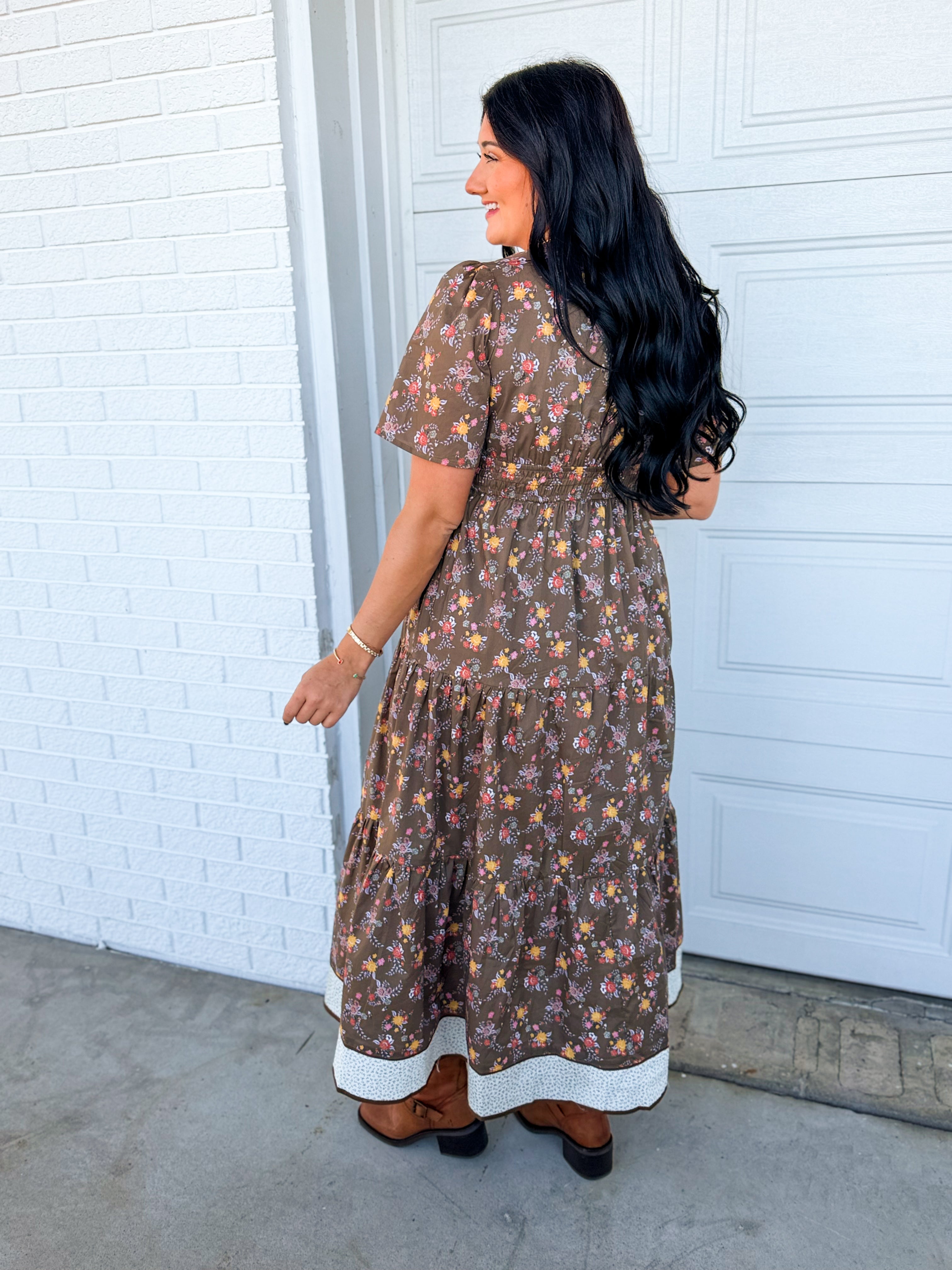 Floral Print & Contrast Border Tiered Maxi Dress - Cedarwood - Lace and Grace Boutique