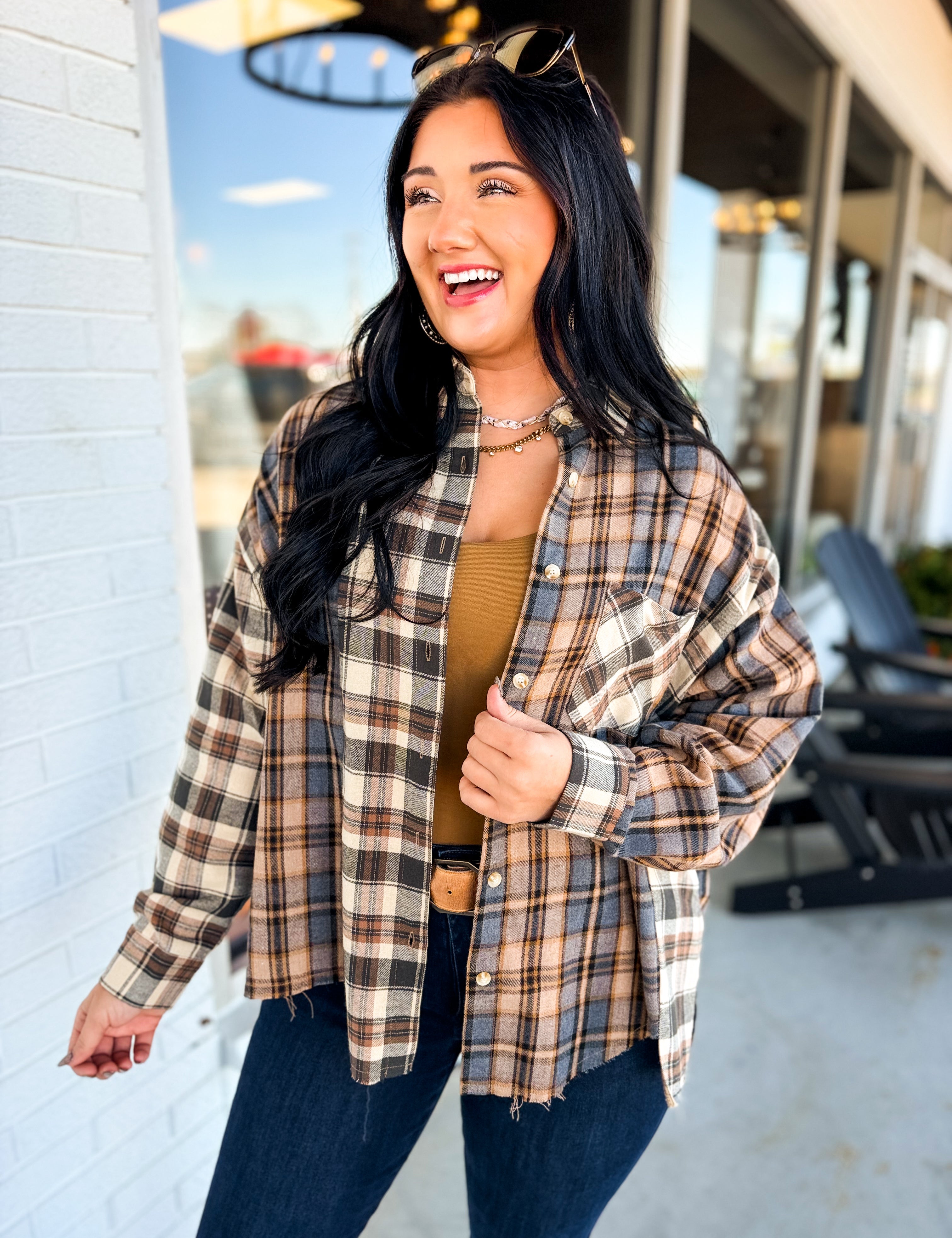 Oversized Mixed Plaid Button Down Flannel Shirt - Oat - Lace and Grace Boutique