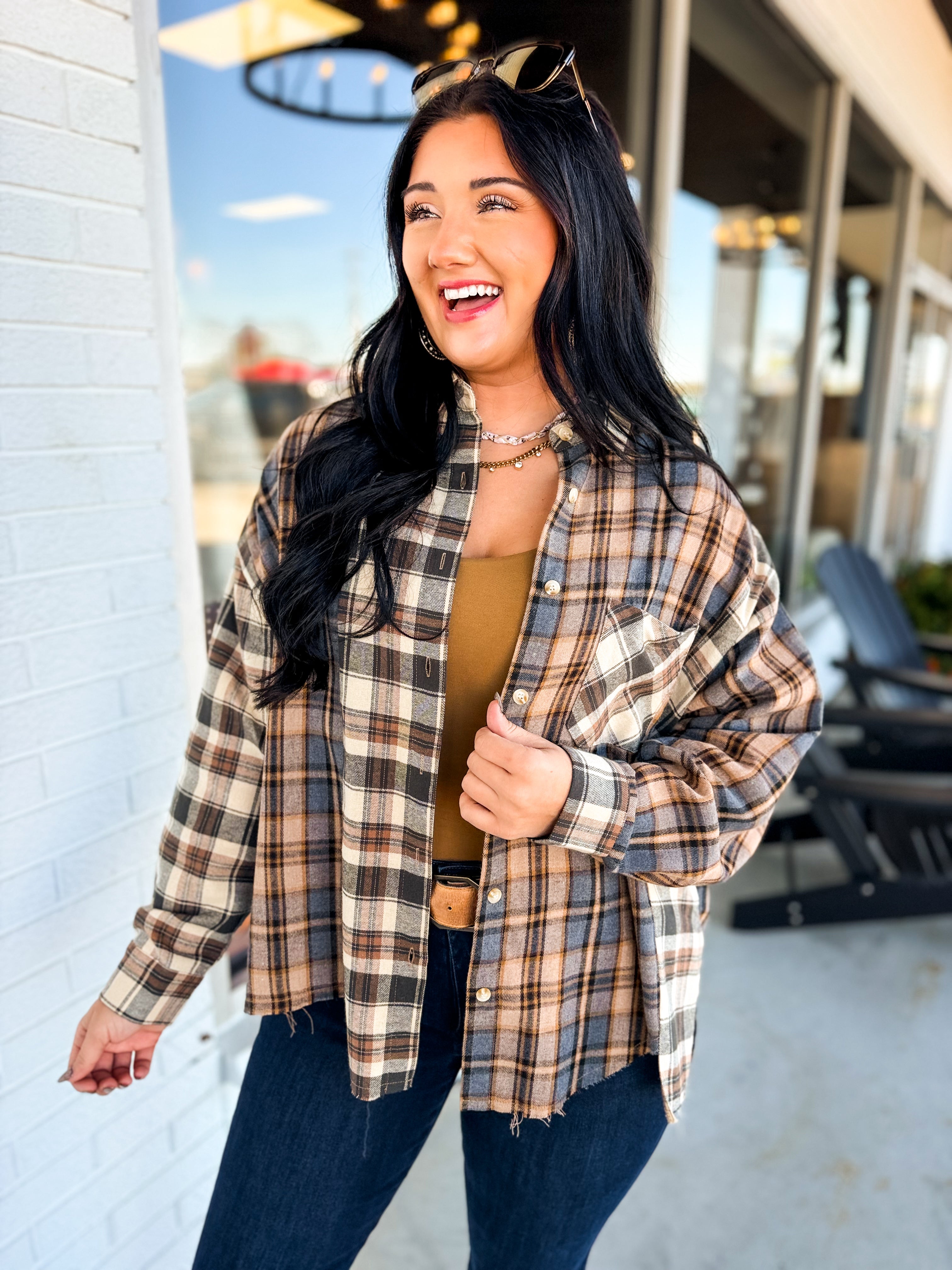 Oversized Mixed Plaid Button Down Flannel Shirt - Oat - Lace and Grace Boutique