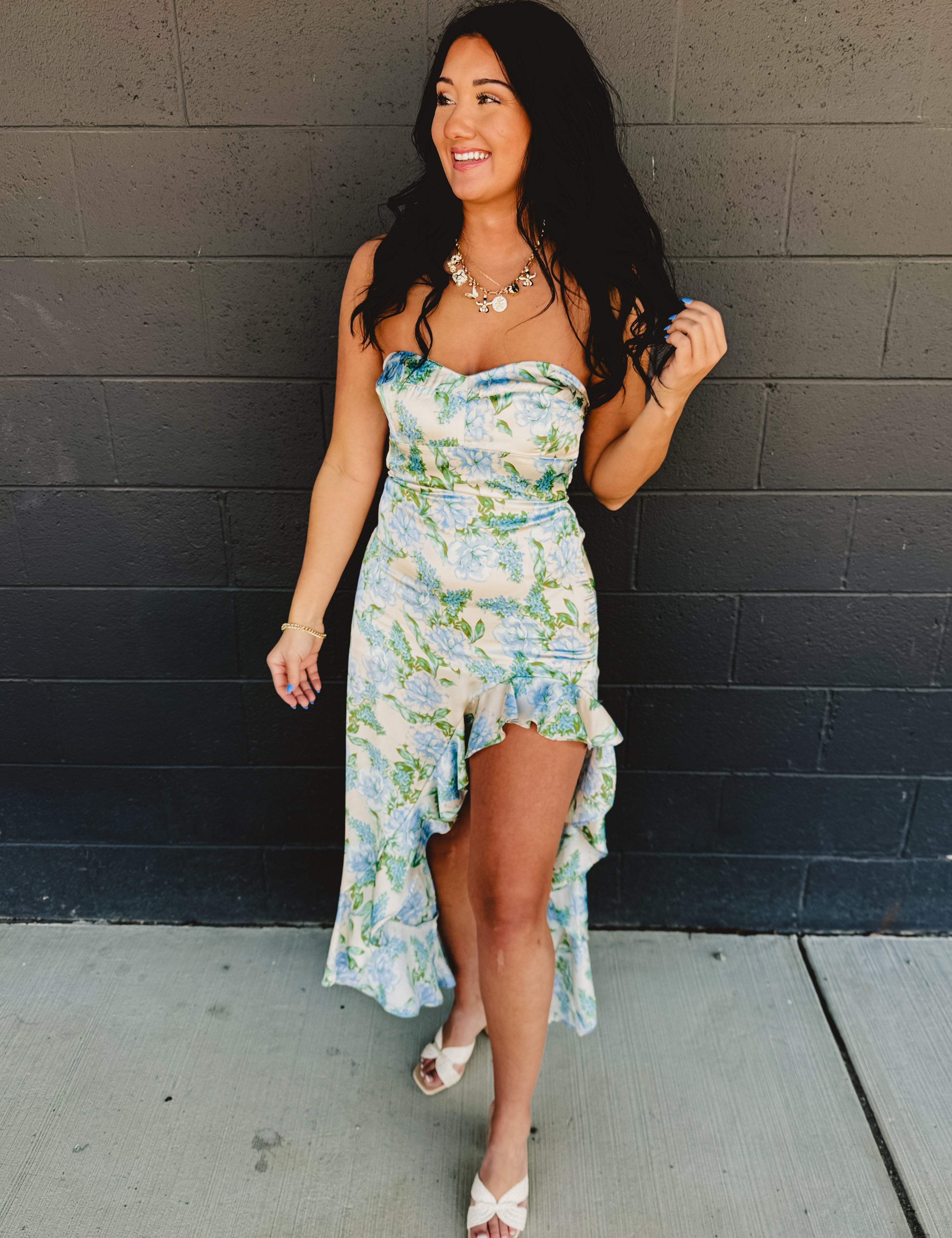 Strapless Asymmetric Ruffle Hem Maxi Dress - Delicate Blues - Lace and Grace Boutique