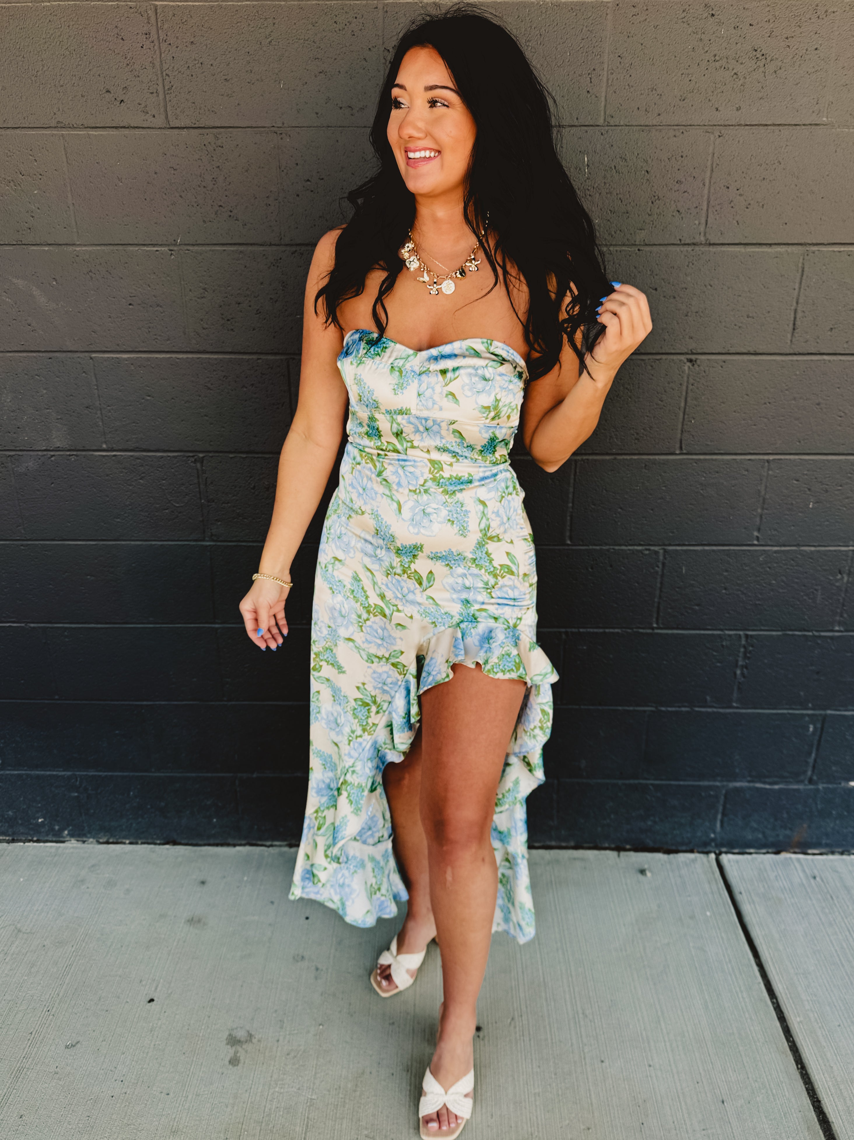 Strapless Asymmetric Ruffle Hem Maxi Dress - Delicate Blues - Lace and Grace Boutique