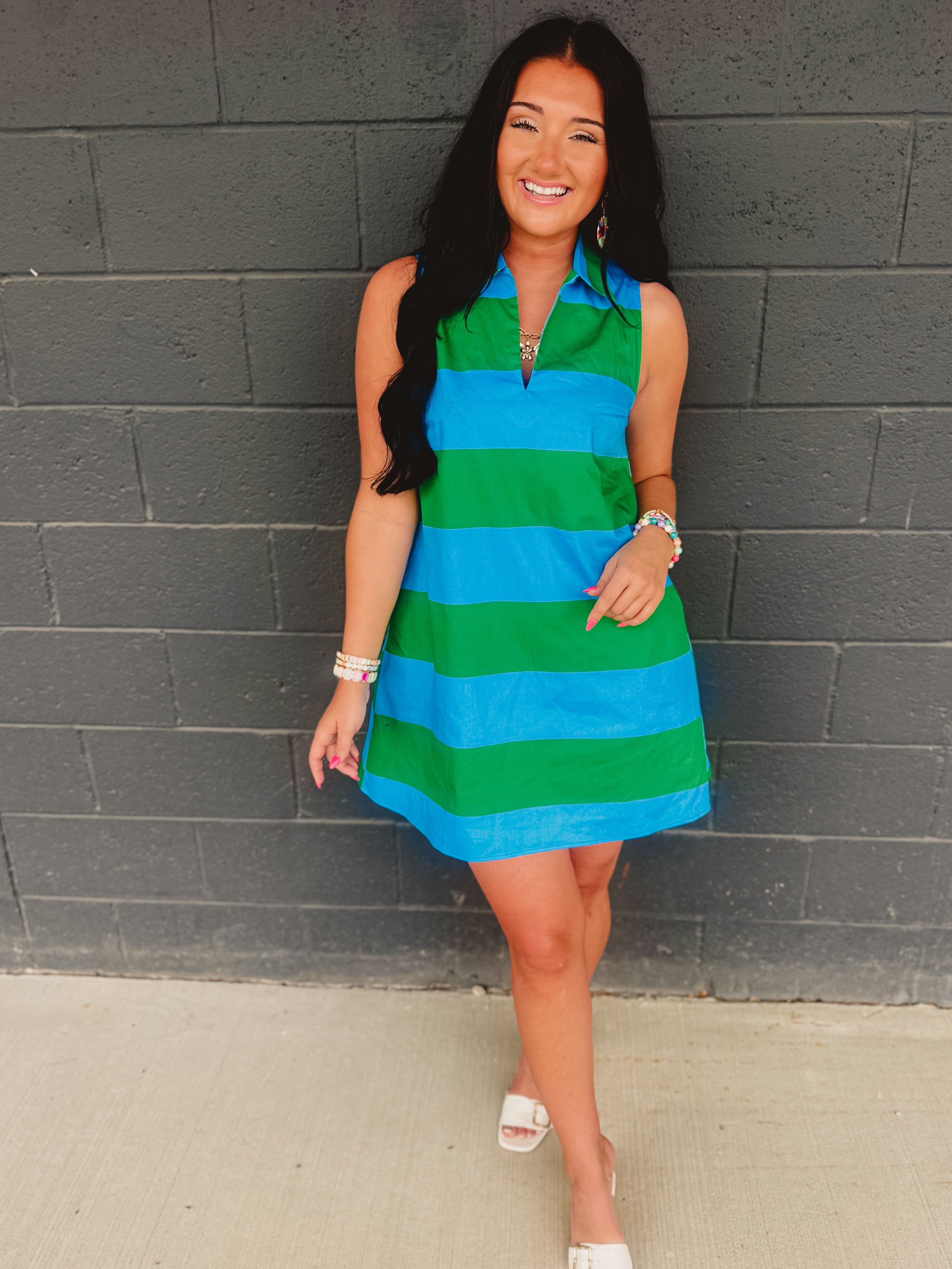 Striped Collared Shift Mini Dress - Blue Garden - Lace and Grace Boutique