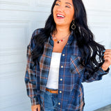 Plaid Patchwork Button Up Flannel Top - Navy
