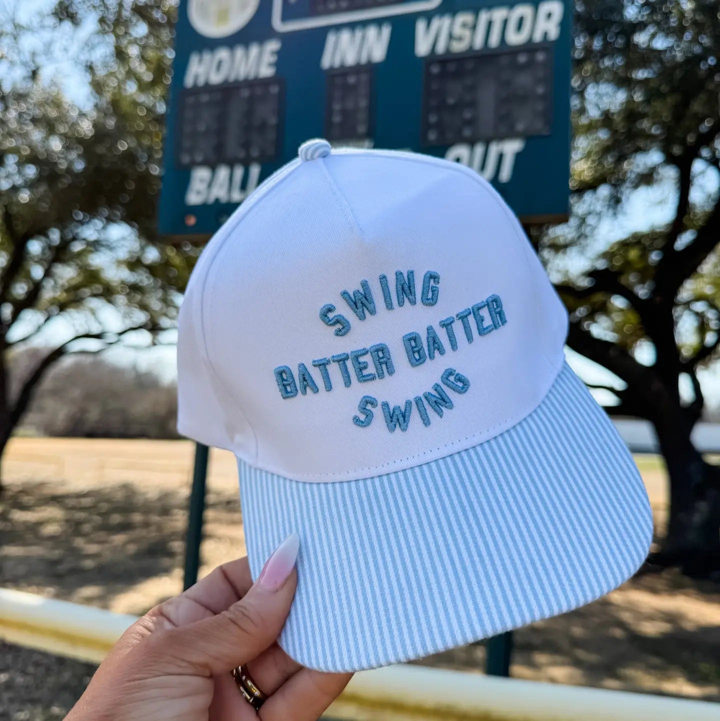 Swing Batter Embroidered Striped Baseball Cap - Lace and Grace Boutique