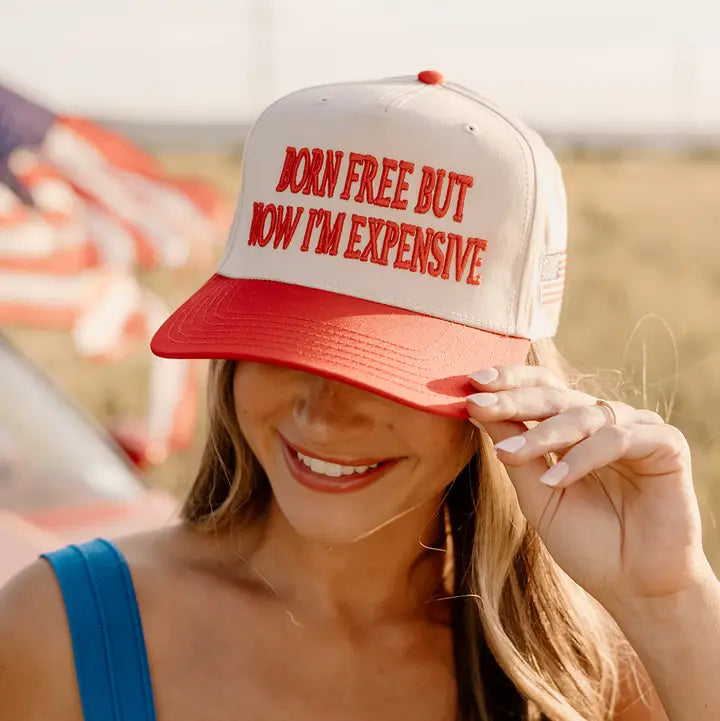 Born Free, Now I'm Expensive Embroidered Hat - Red/Natural - Lace and Grace Boutique