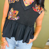 POL Boho Floral Patch V-Neck Tank Top - Black