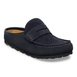 Birkenstock Naples wrapped clog in midnight navy suede with a fully wrapped midsole and oiled leather heel stripe