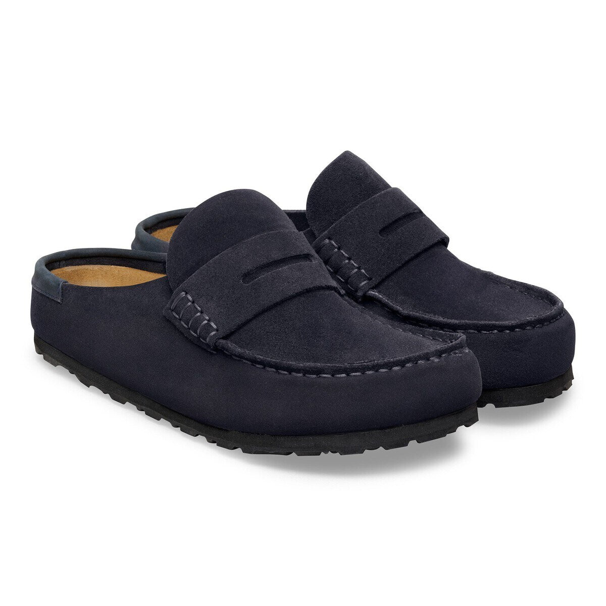 Pair of midnight navy Naples clogs shown together