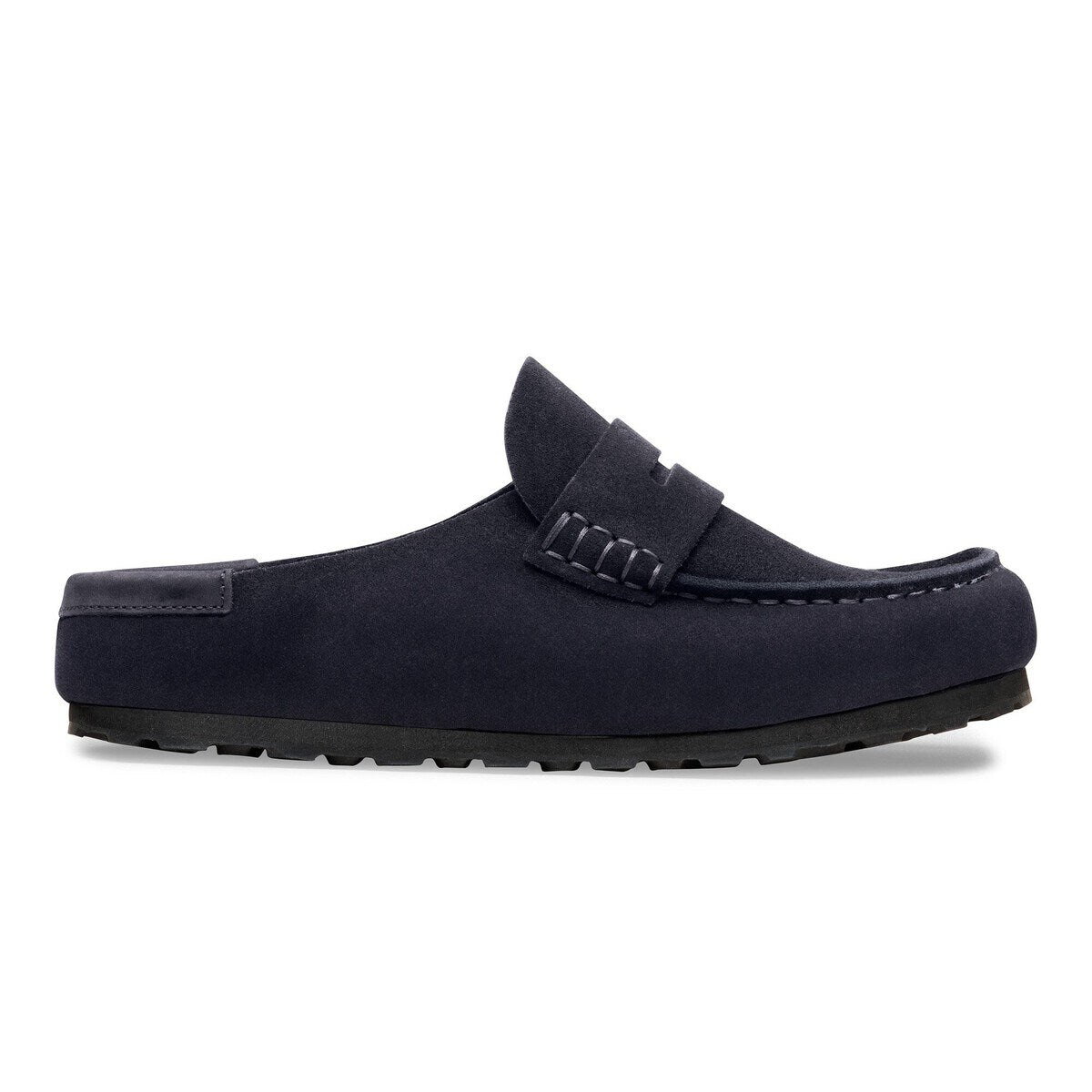 Side view of the midnight navy Naples clog showing the wrapped suede midsole