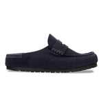 Side view of the midnight navy Naples clog showing the wrapped suede midsole