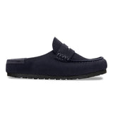 Side view of the midnight navy Naples clog showing the wrapped suede midsole
