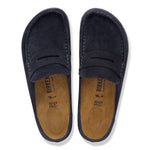 Top view of the midnight navy Naples clog showing the signature tongue detail and stitching