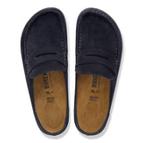 Top view of the midnight navy Naples clog showing the signature tongue detail and stitching